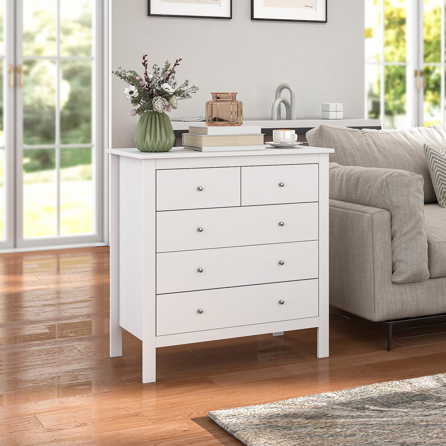HOMCOM Modern Chest of Drawers, 5 Drawer Storage Cabinet with Metal Handles and Runners for Bedroom, White