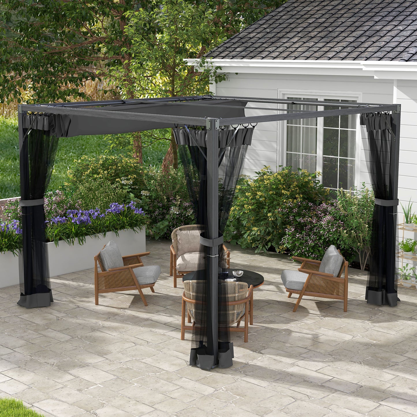 Outsunny 3 x 3m Aluminium Frame Pergola, with Retractable Roof - Dark Grey