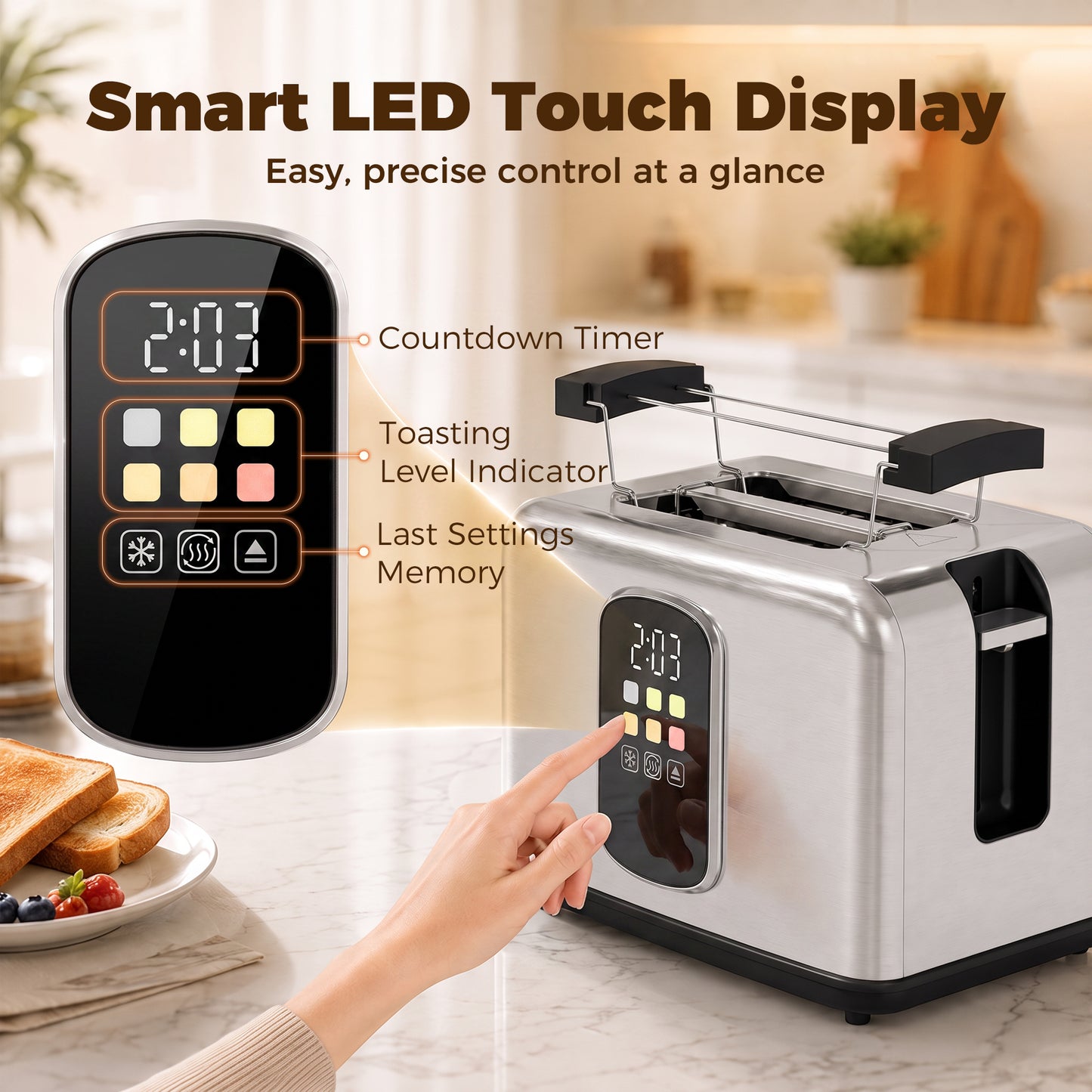 HOMCOM 2 Slice Smart Toaster with Touch Screen & LED Countdown, Toaster with Warming Rack, 6 Browning Levels, Memory Function