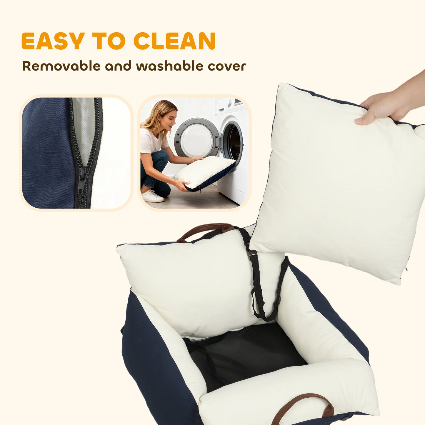 PawHut Dog Car Seat, Cosy Pet Car Booster Seat for Small Dog Under 5 KG, Portable Travel Bed with Safety Belts, Navy Blue