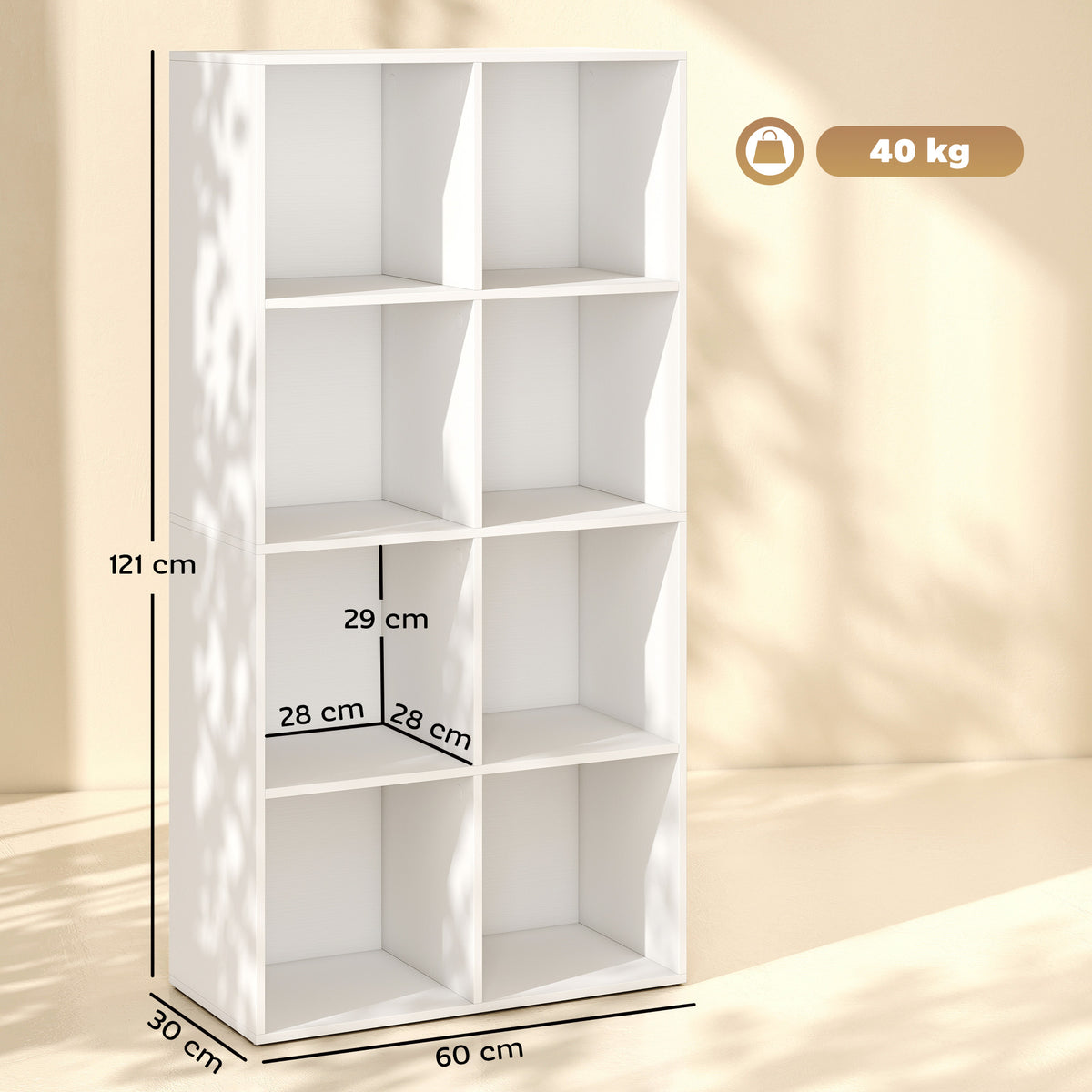 HOMCOM Bookcase with 8 Cubes, 60 x 30 x 121 cm Display Shelf with Anti-Tipping Design, White Wood-Effect