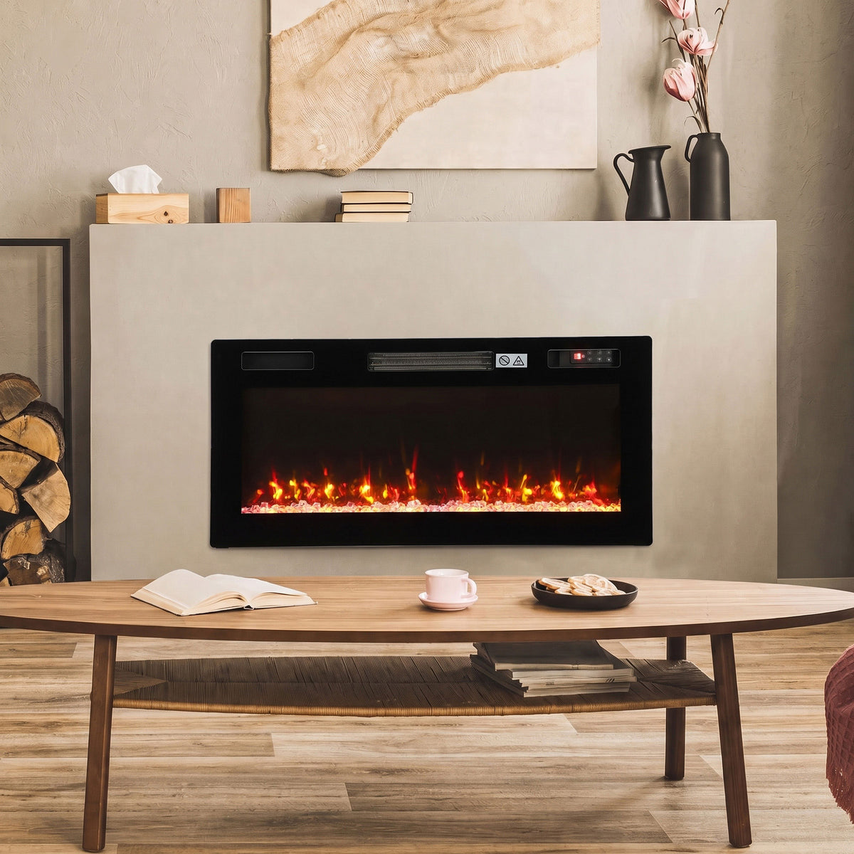 HOMCOM Ultra-Thin Electric Fire Wall Mounted/Recessed/Freestanding 92cm/36" Electric Fireplace with 12 Colours, 5 Brightness