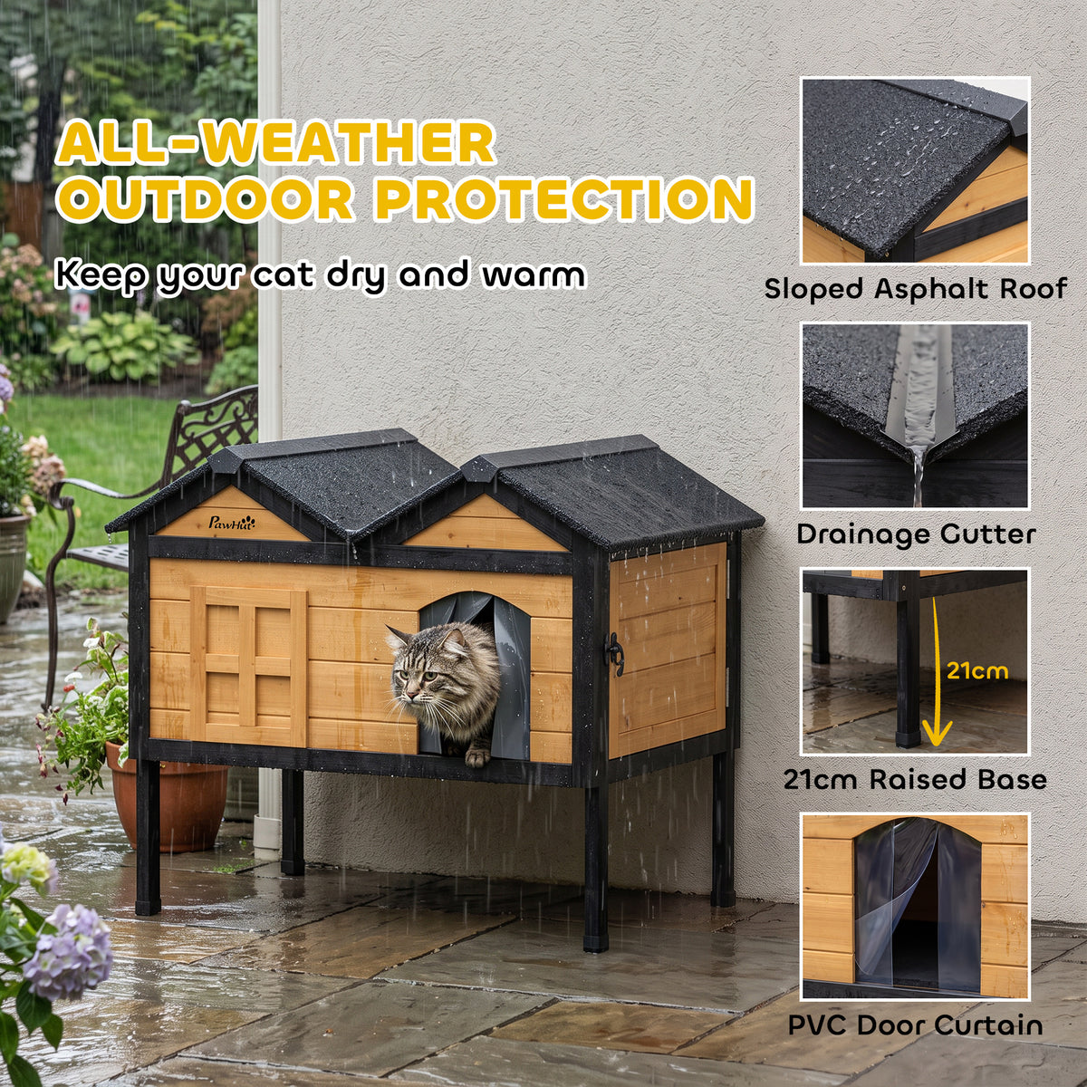 PawHut Wooden Cat House Outdoor Indoor with Weatherproof Asphalt Roof, Side Cleaning Door, PVC Curtain