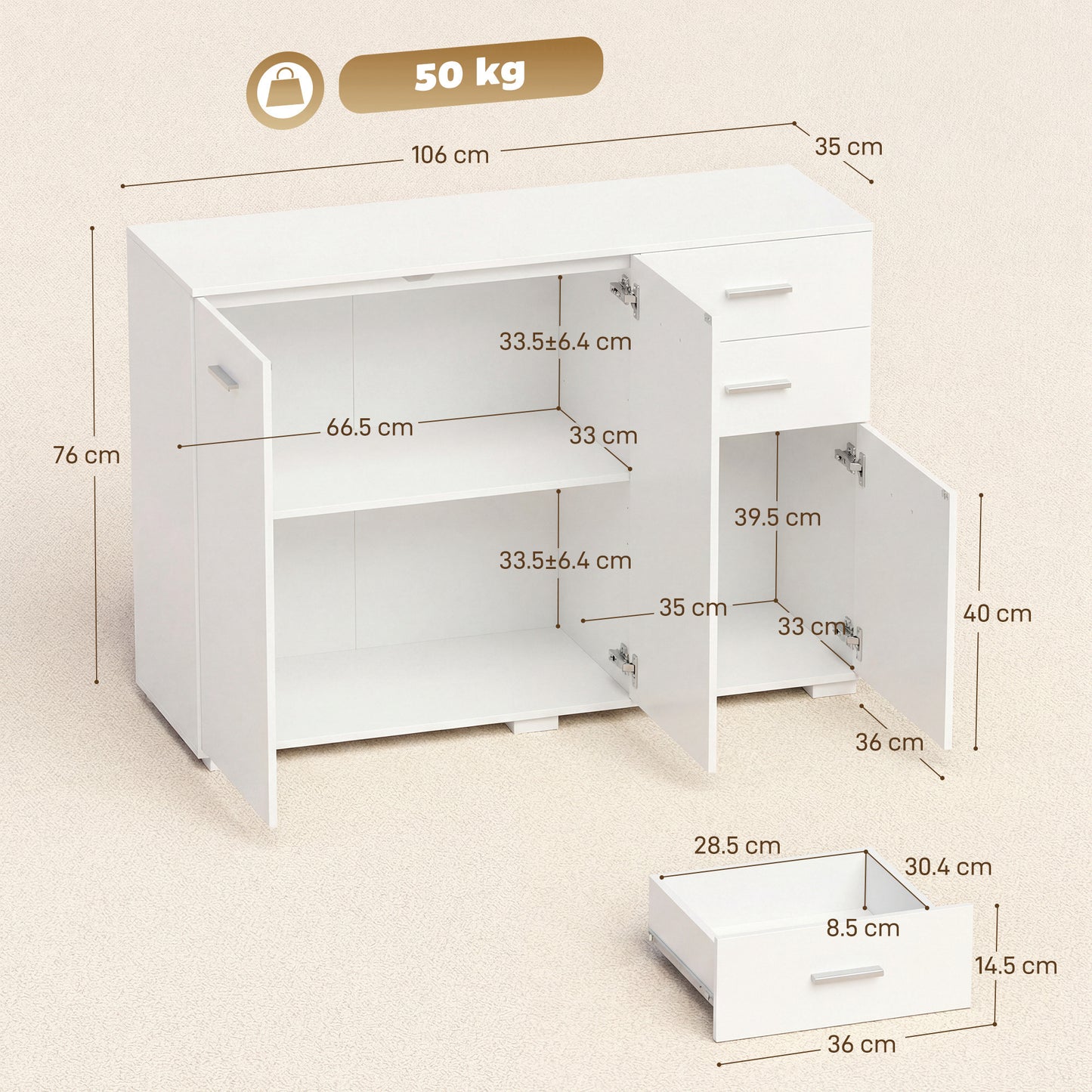 HOMCOM Sideboard, Modern Storage Cabinet with 2 Drawers, 3 Doors and Adjustable Shelves, White