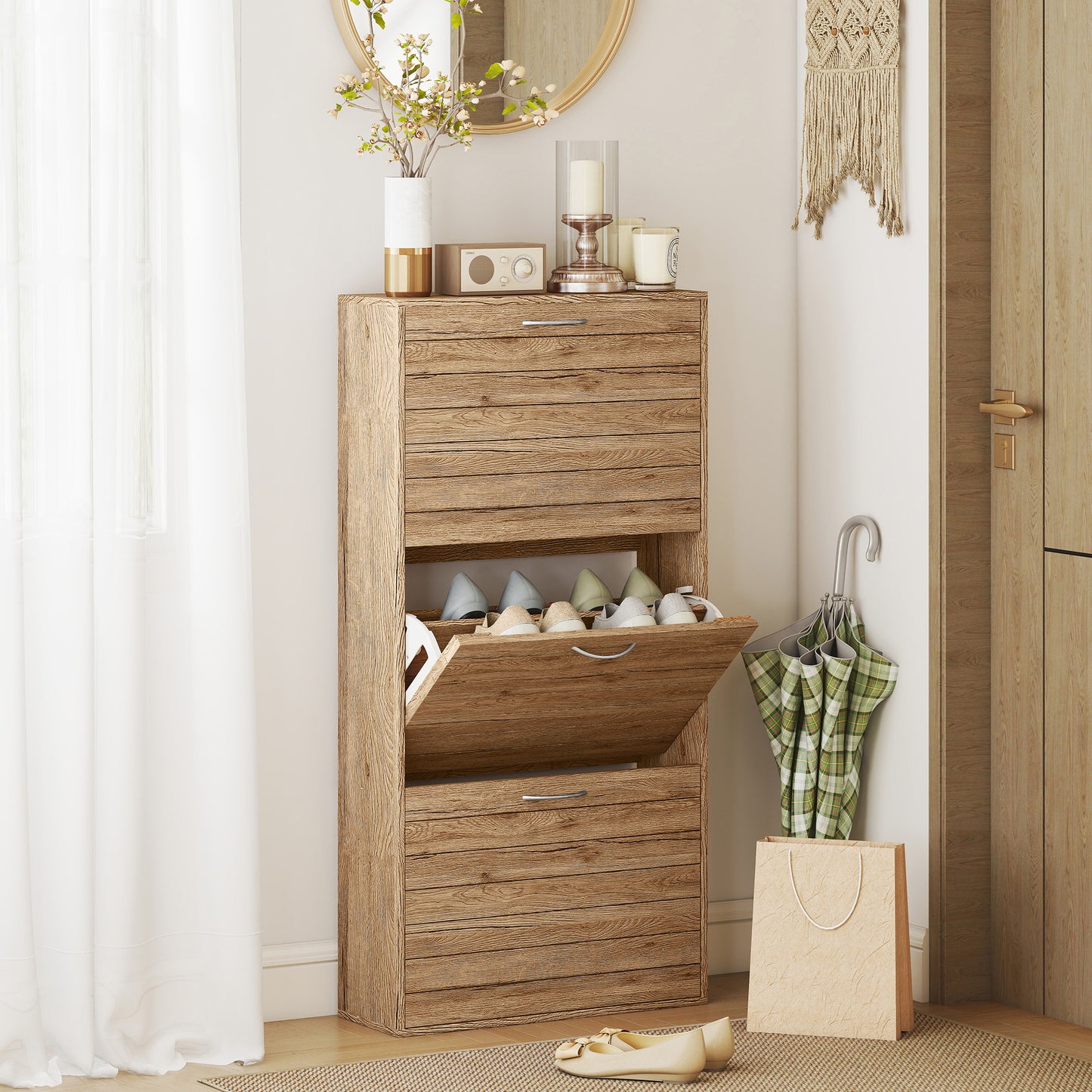 HOMCOM 12-Shoe Flip Drawer Storage Cabinet - Brown Wood-Effect