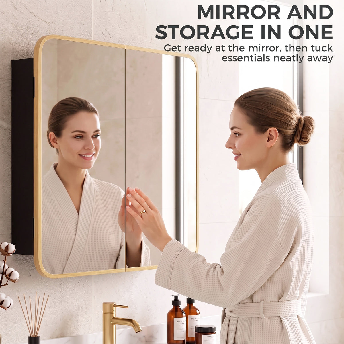 HOMCOM Bathroom Medicine Mirror Cabinet, Bathroom Wall Cabinet with Storage, Magnetic Doors and Adjustable Shelf, Natural