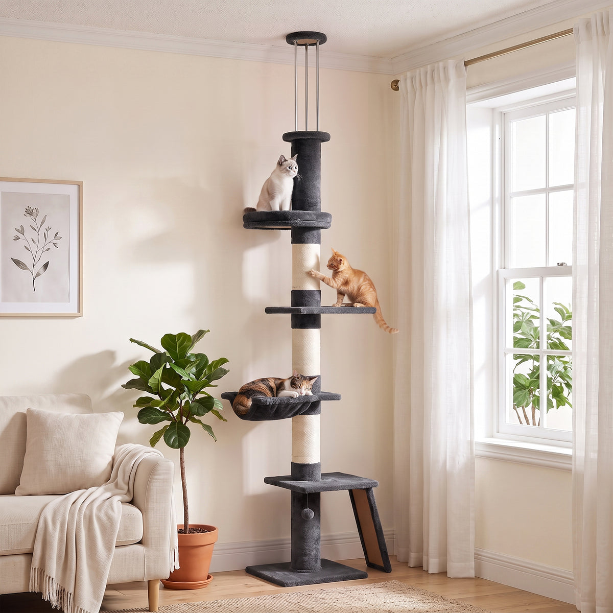 PawHut Floor to Ceiling Cat Tree, 230-260 cm Adjustable 5-Level Cat Tower with 3 Top Tension Rods, Bed, Hammock, Dark Grey