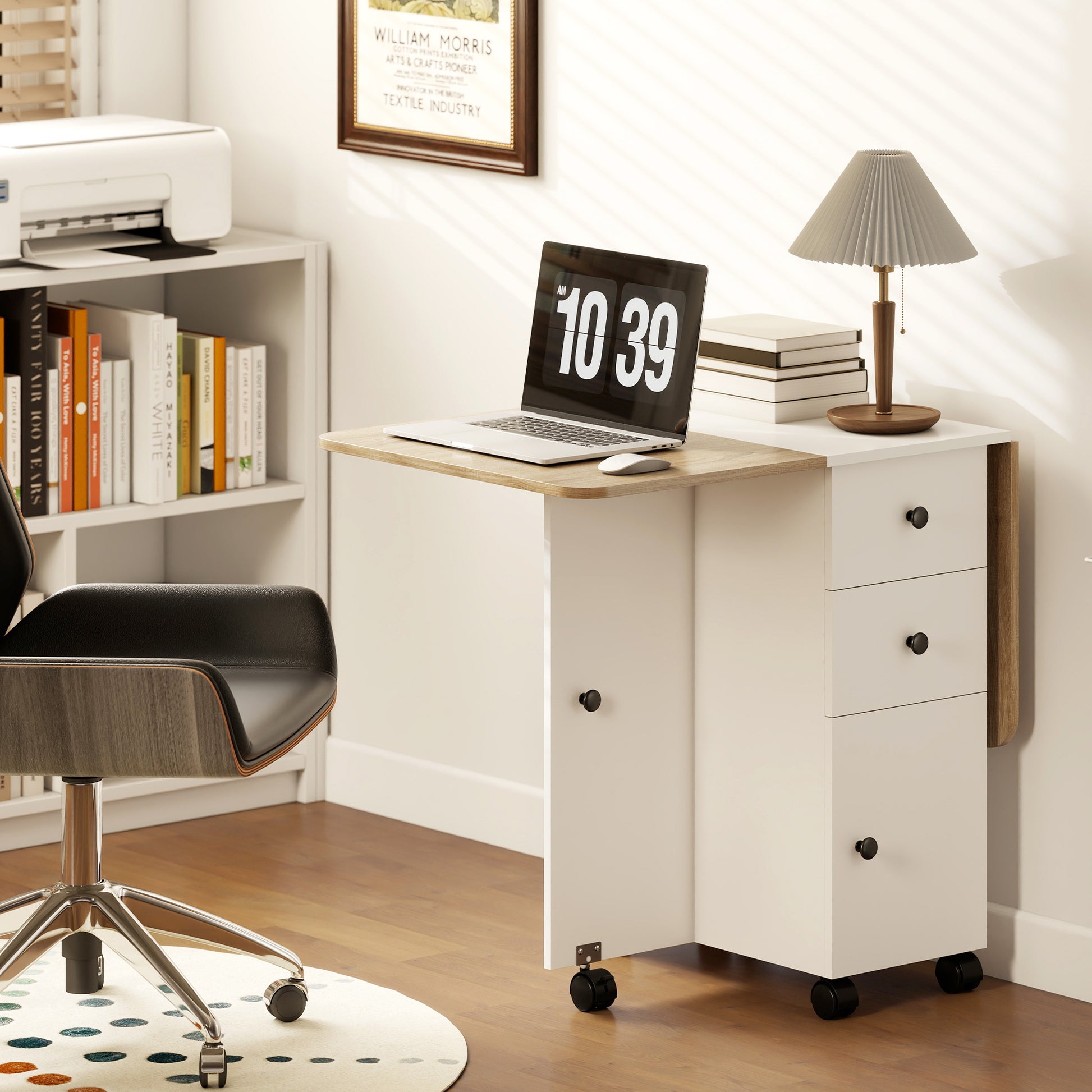 HOMCOM Multi-Storage Six-Person Drop Leaf Dining Table - Oak and White