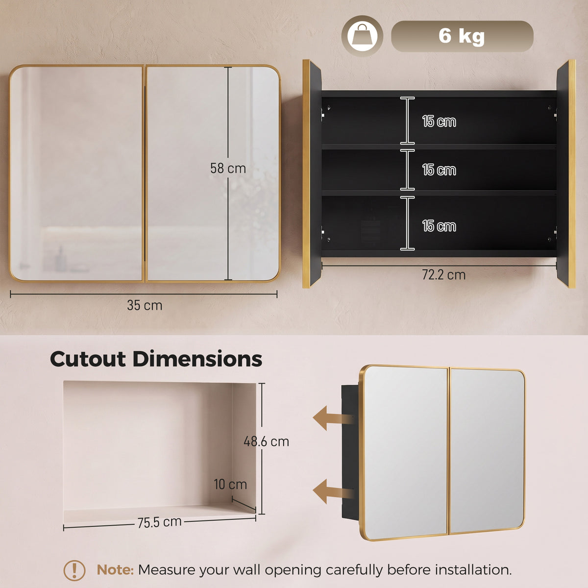 HOMCOM 76.2 x 11.6 x 61 cm Bathroom Mirror Cabinet, Wall Cabinet with Adjustable Shelves, Wall-Mounted or Recessed, Gold Tone