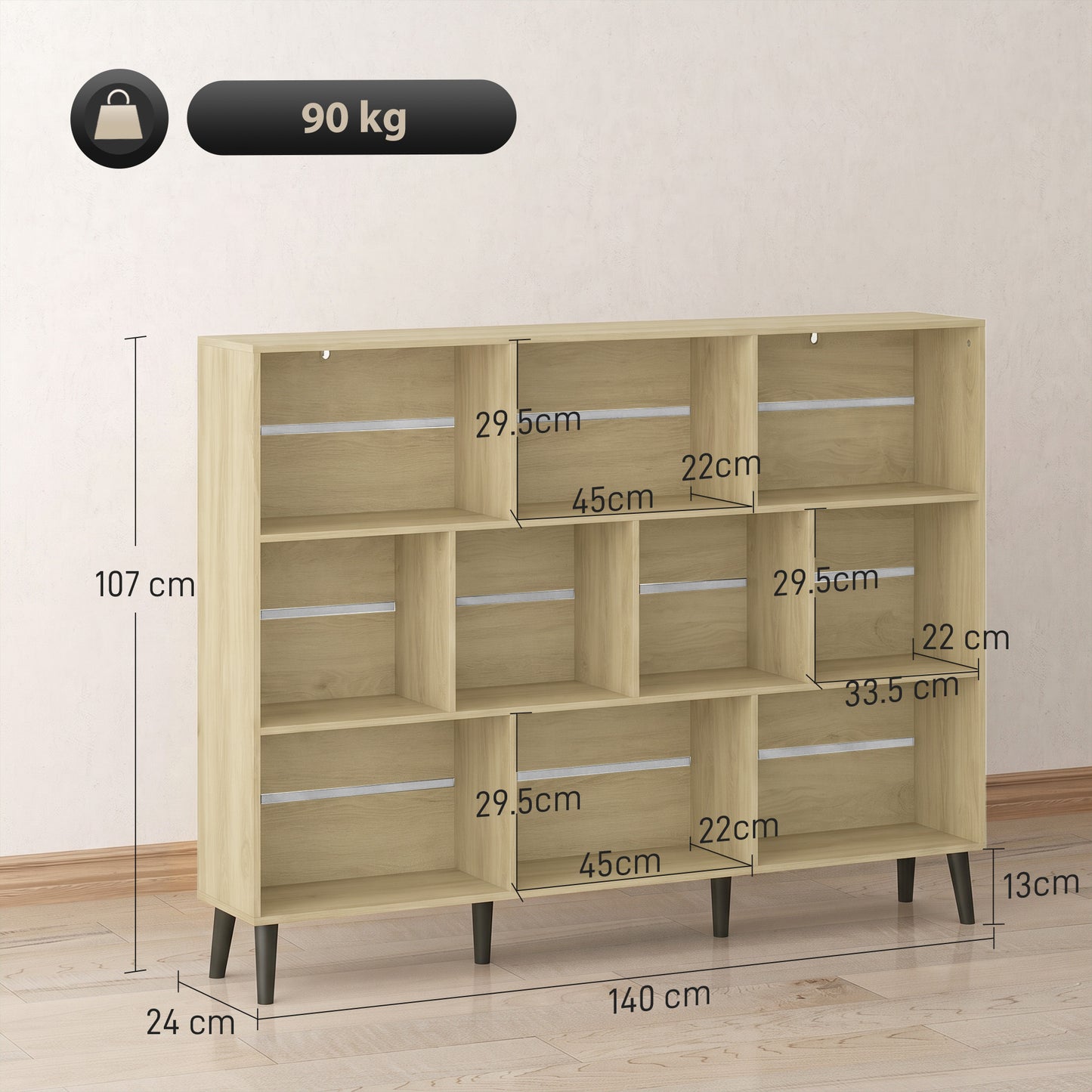 HOMCOM 10-Cube Bookcase, 3-Tier Book Shelf with Solid Wood Legs, 140 cm Modern Bookshelf with Anti-Tip Kit, Oak