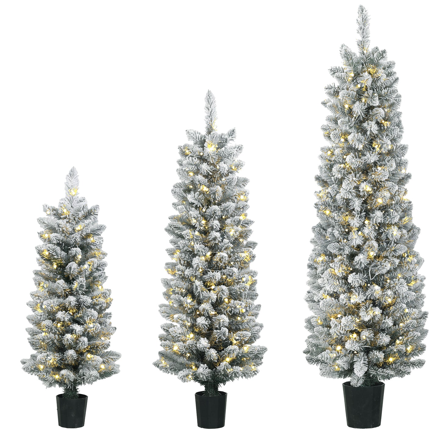 HOMCOM Prelit Snowy Flocked Artificial Christmas Tree Set of 3, Slim Xmas Tree with PVC Tips, 3FT+4FT+5FT