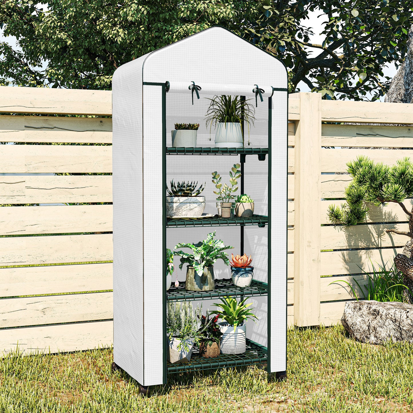 Outsunny 4 Tier Mini Portable Greenhouse Compact Plant Grow Shed Metal Frame PE Cover with Lockable Rolling Wheels , White