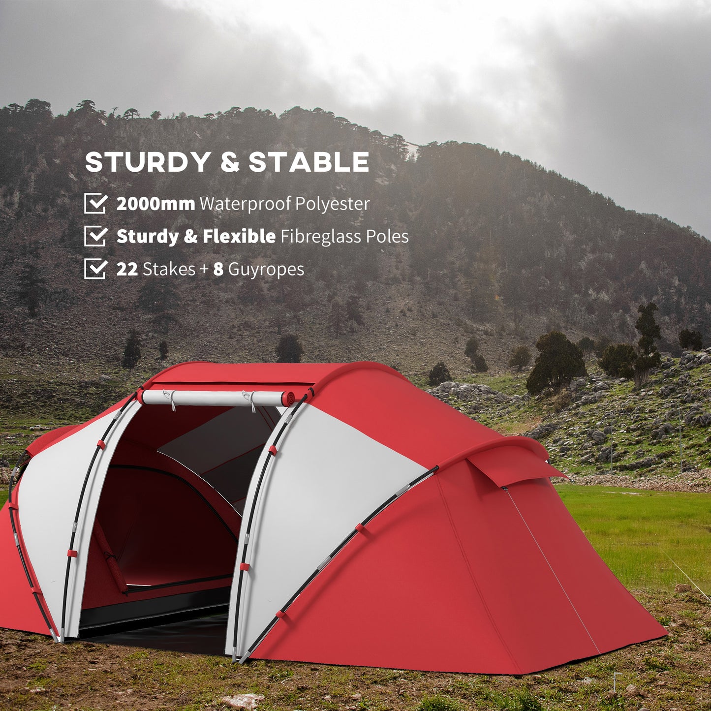 Outsunny 4 Man UV Protection Camping Tent - Grey and Red
