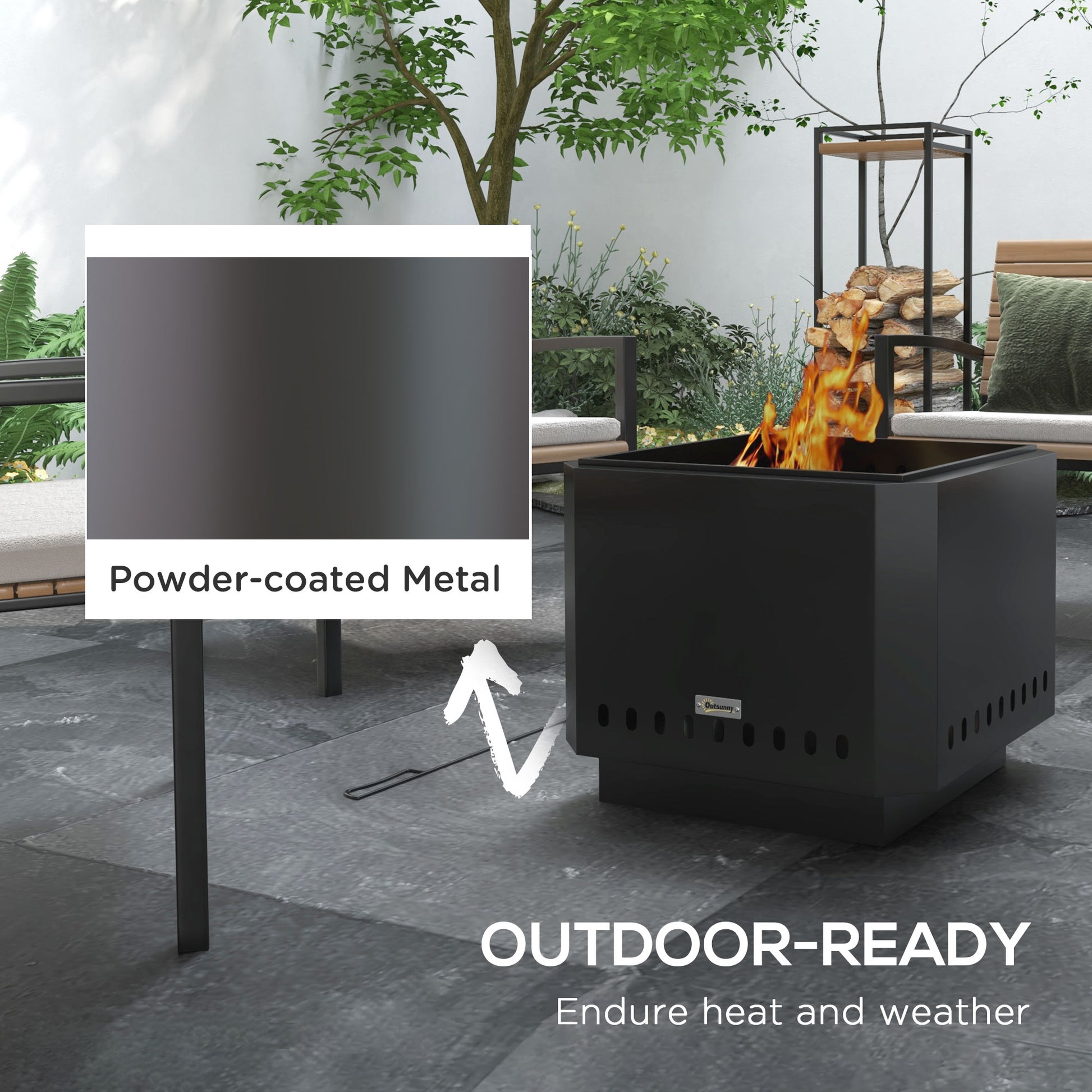 Outsunny Smokeless Fire Pit, 48 cm Portable Wood Burning Firepit, Square Metal Bonfire Stove with Poker, Black