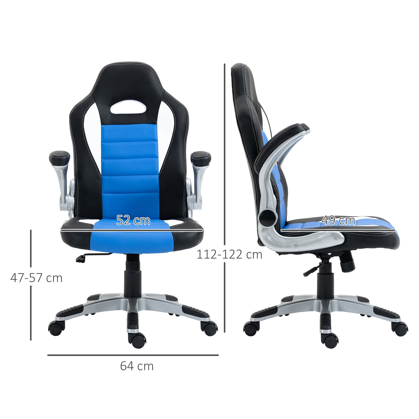 HOMCOM Computer Gaming Chair, Office Desk Swivel Chair, PU Leather Racing Chair with 90Â° Flip-up Armrest, Adjustable Height and Rolling Wheels, Blue