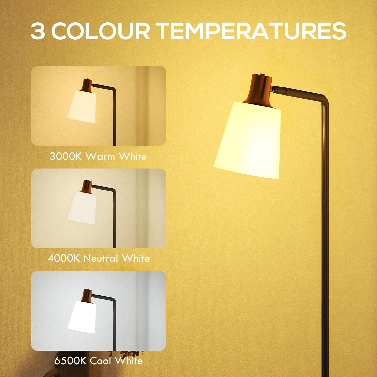 HOMCOM Floor Lamp with 350° Rotatable Head, Modern Standing Lamp with 3000K/4000K/6500K Colour Temperatures for Living Room Bedroom Office, Black