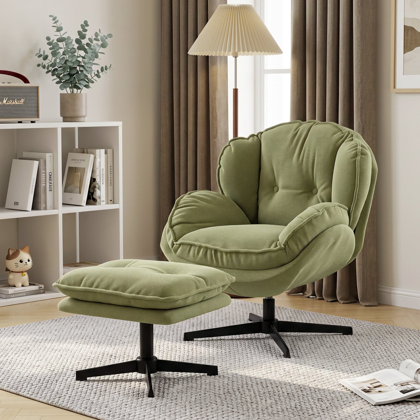 HOMCOM Armchair with Adjustable Footstool, 360Â° Swivel Chenille Cloud Accent Chair with Thick Cushion, Steel Base, Green