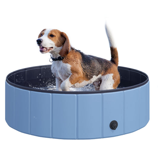 PawHut Foldable Dog Pool for Puppies and Ducks, Thickened PVC Dog Paddling Pool Bath Tub Hard Board, Anti-Slip Bottom and Drainage Hole, 100 x 30cm, Blue