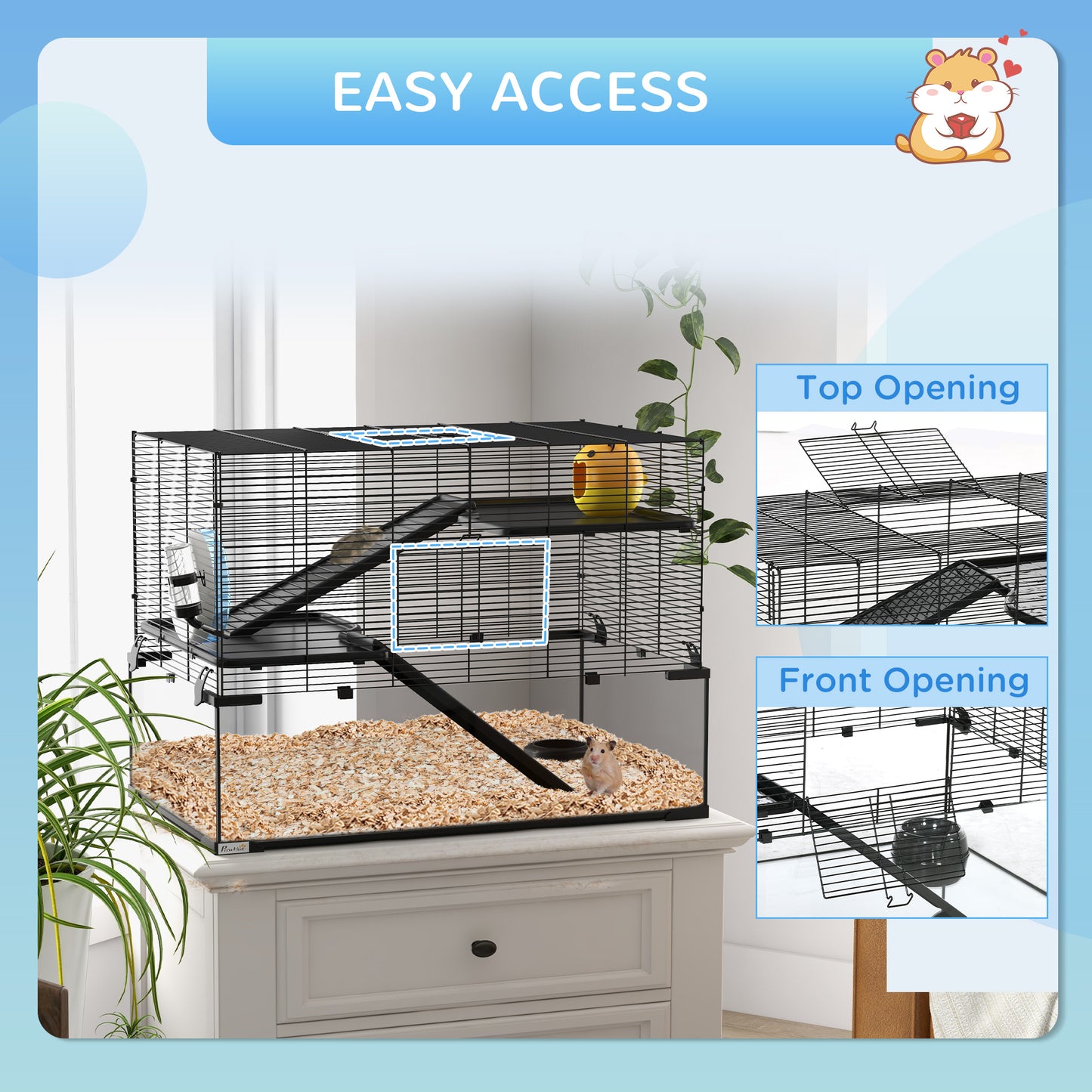 PawHut 3 Tiers Hamster Cage, Gerbil Cage with Deep Glass Bottom, Non-Slip Ramps, Platforms, Hut, Exercise Wheels, Water Bottle, Dish, for Syrian Hamster, Dwarf Hamster, 78.5 x 48.5 x 54.5cm