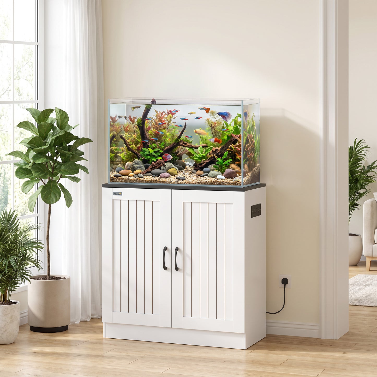 PawHut Fish Tank Stand, 20-29 Gallon Aquarium Stand with Cabinet Storage, Power Outlets and Anti-Tip Kit, White
