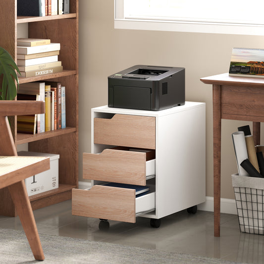 HOMCOM 3 Drawer Mobile File Cabinet, Vertical Filing Cabinet with Wheels for Home Office, Oak