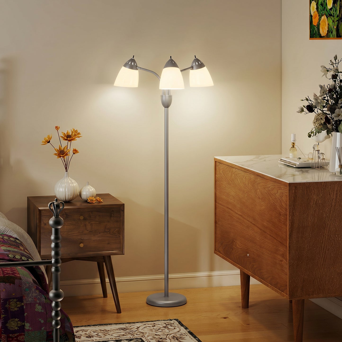 HOMCOM Arc Tree Floor Lamp with 3 Adjustable Rotating Lights, Industrial Standing Lamp with Steel Frame, Silver Tone