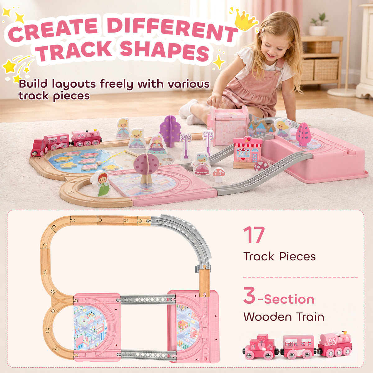 AIYAPLAY Wooden Train Set, 58PCS Train Track Set with 17 Track Pieces, 5 Princess Figures and Accessories