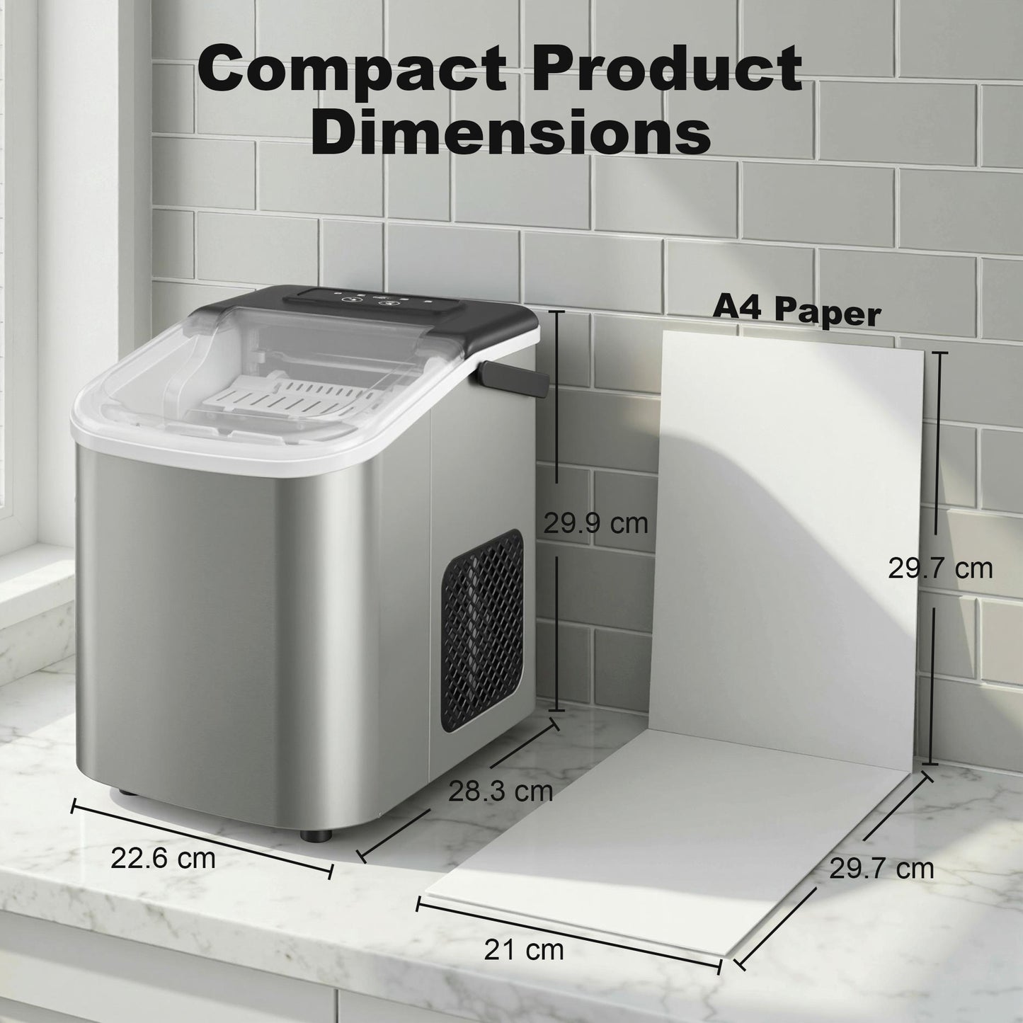 HOMCOM Ice Maker Machine Countertop, 9 Cubes Ready in 7 Mins, 12 KG in 24Hrs, 2 Sizes of Bullet, Self-Cleaning Ice Machine with Handle, Scoop & Basket for Home Kitchen Office RV, Stainless Steel