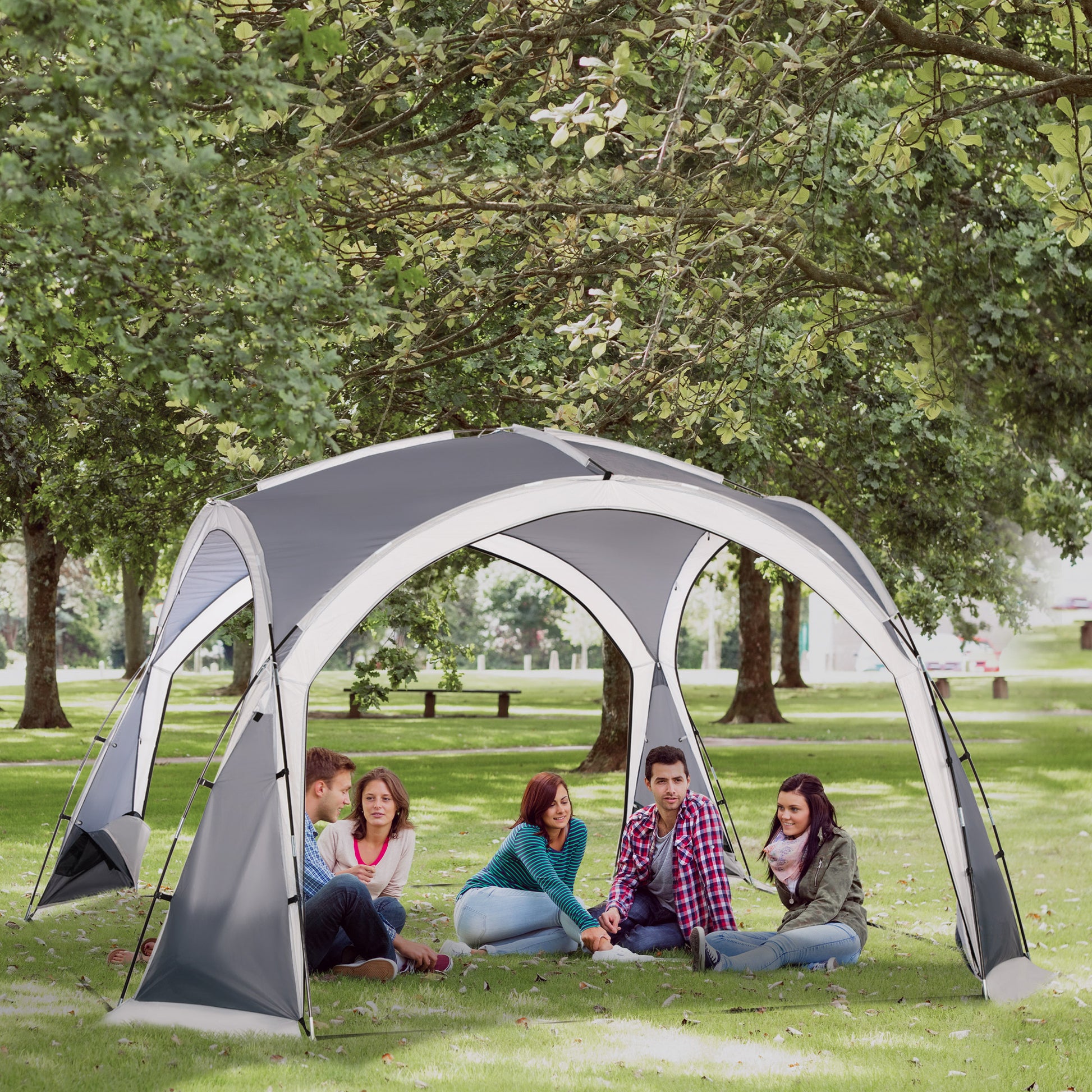 Outsunny Dome Tent for 6-8 Person, Camping Tent with 4 Zipped Mesh Doors, Removable Oxford Cloth, Lamp Hook, Portable Carry Bag, White and Grey
