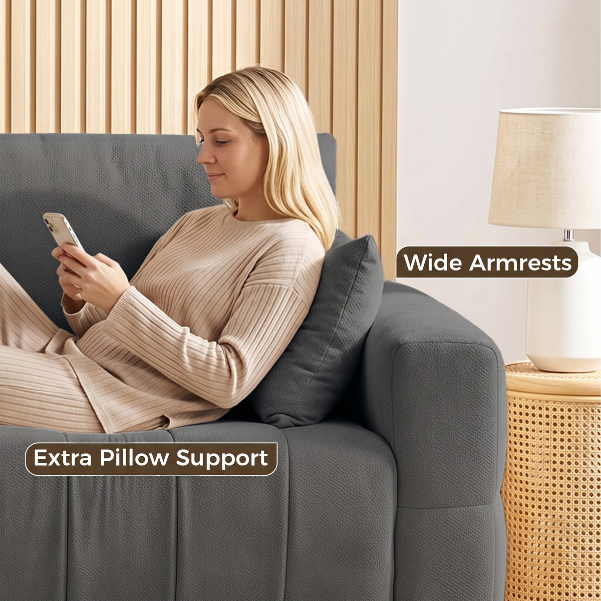 HOMCOM 3 Seater Sofa, Upholstered Velvet Couch for Bedroom with Pillows, Padded Cushion and Wood Legs, Grey