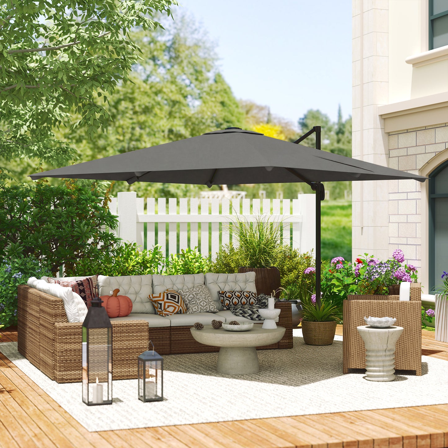 Outsunny 3 x 3 m Cantilever Parasol, Square Patio Umbrella with Crank Handle, Cross Base, Tilt, 360Â° Rotation, Dark Grey