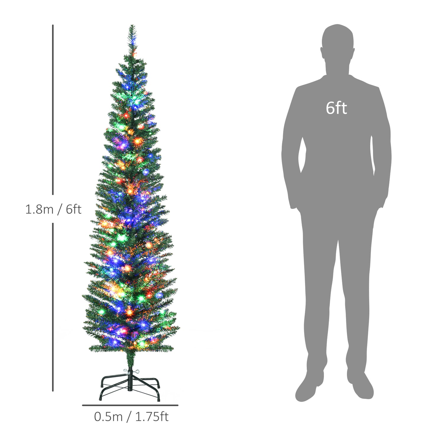 HOMCOM 6' Artificial Prelit Christmas Trees with Colourful LED Lights, Pencil Shape, Steel Base