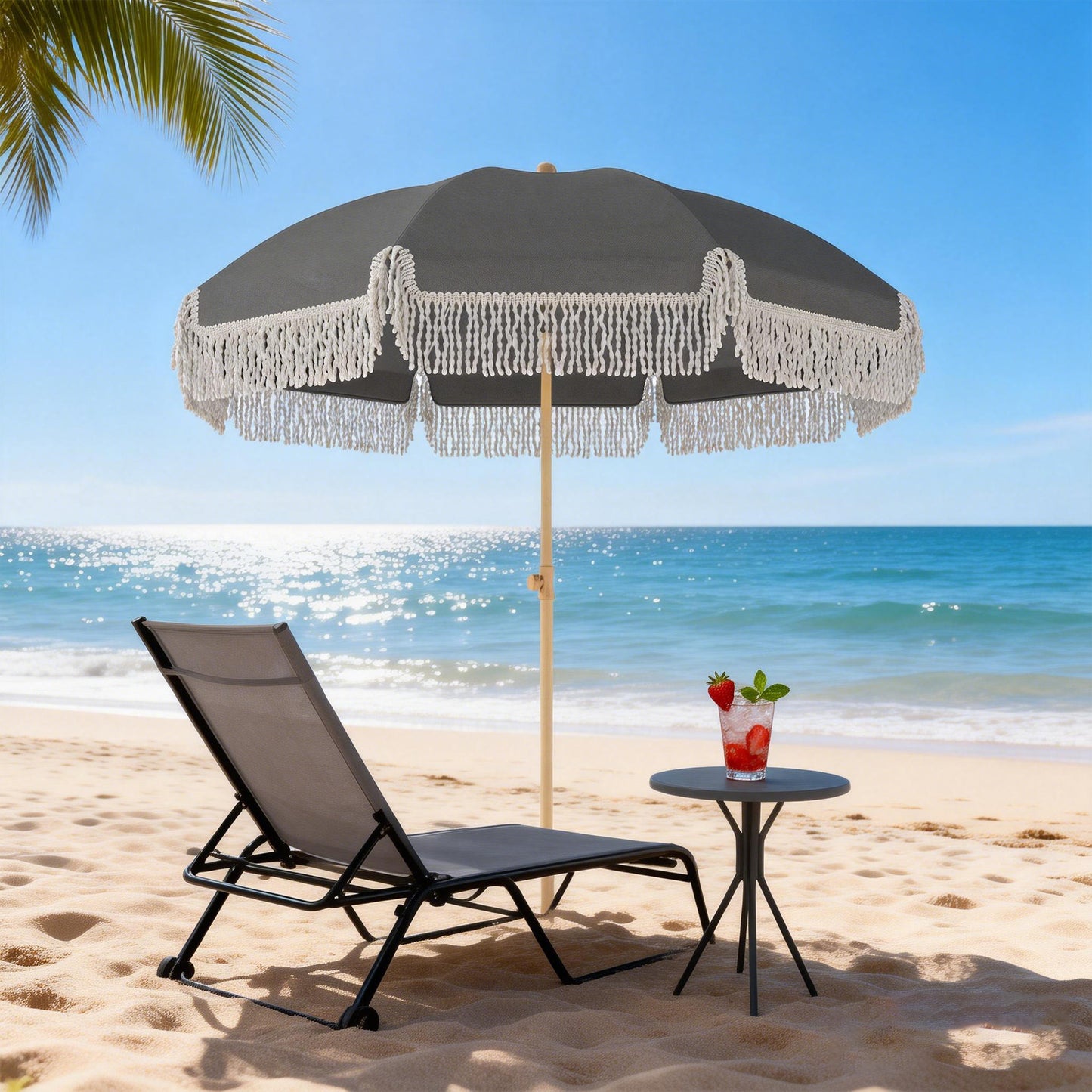 Outsunny 1.7 m Beach Umbrella with Sand Anchor, 30Â° Tilting Fringed Beach Garden Parasol with Adjustable Height, Grey