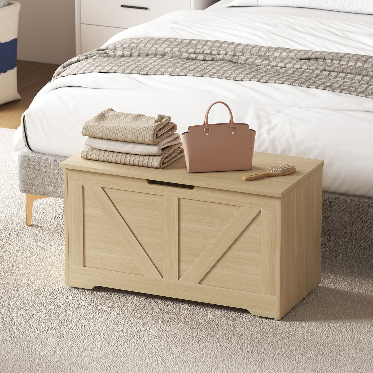HOMCOM 100L Home Storage Box, with Safety Hinges - Natural Wood Finish