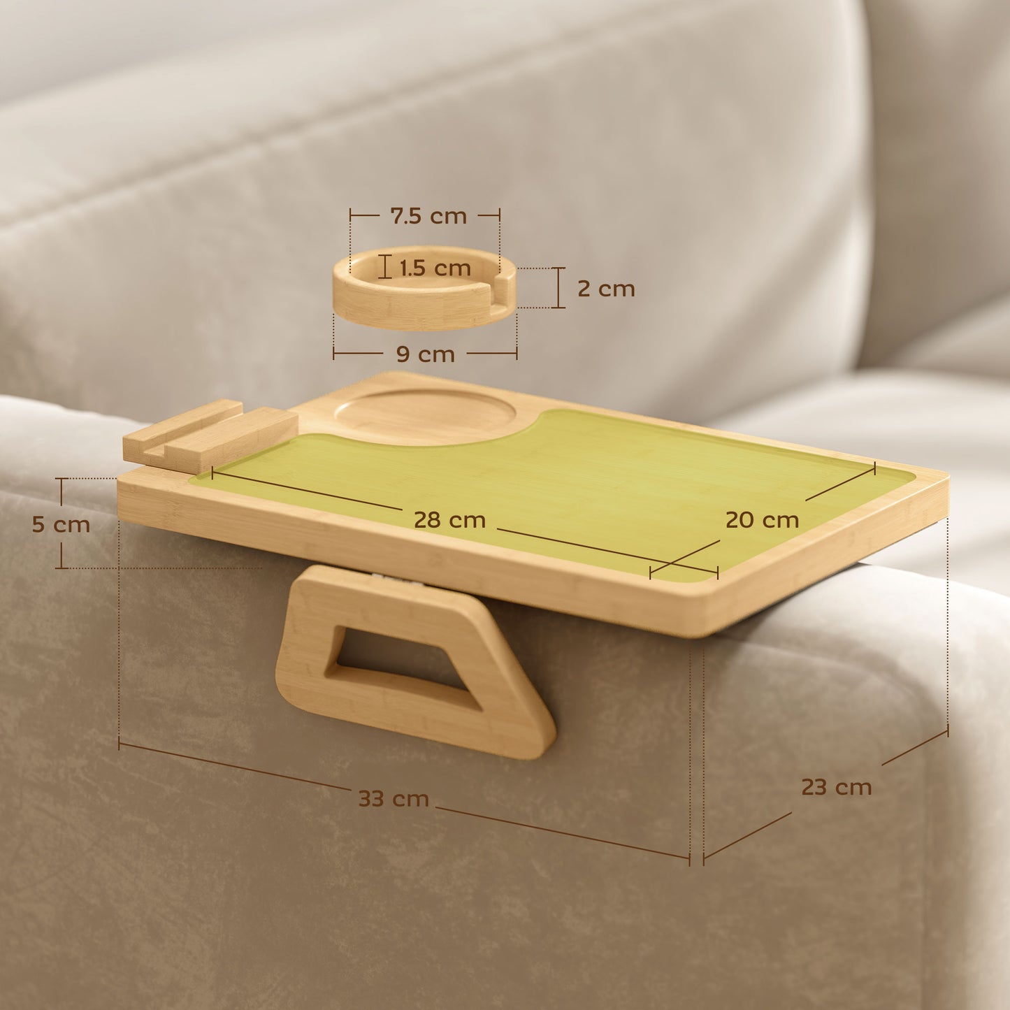 HOMCOM Anti-Slip Sofa Armrest Tray, Bamboo Sofa Arm Tray with 360Â° Phone Holder and Removable Cup Holder, Natural
