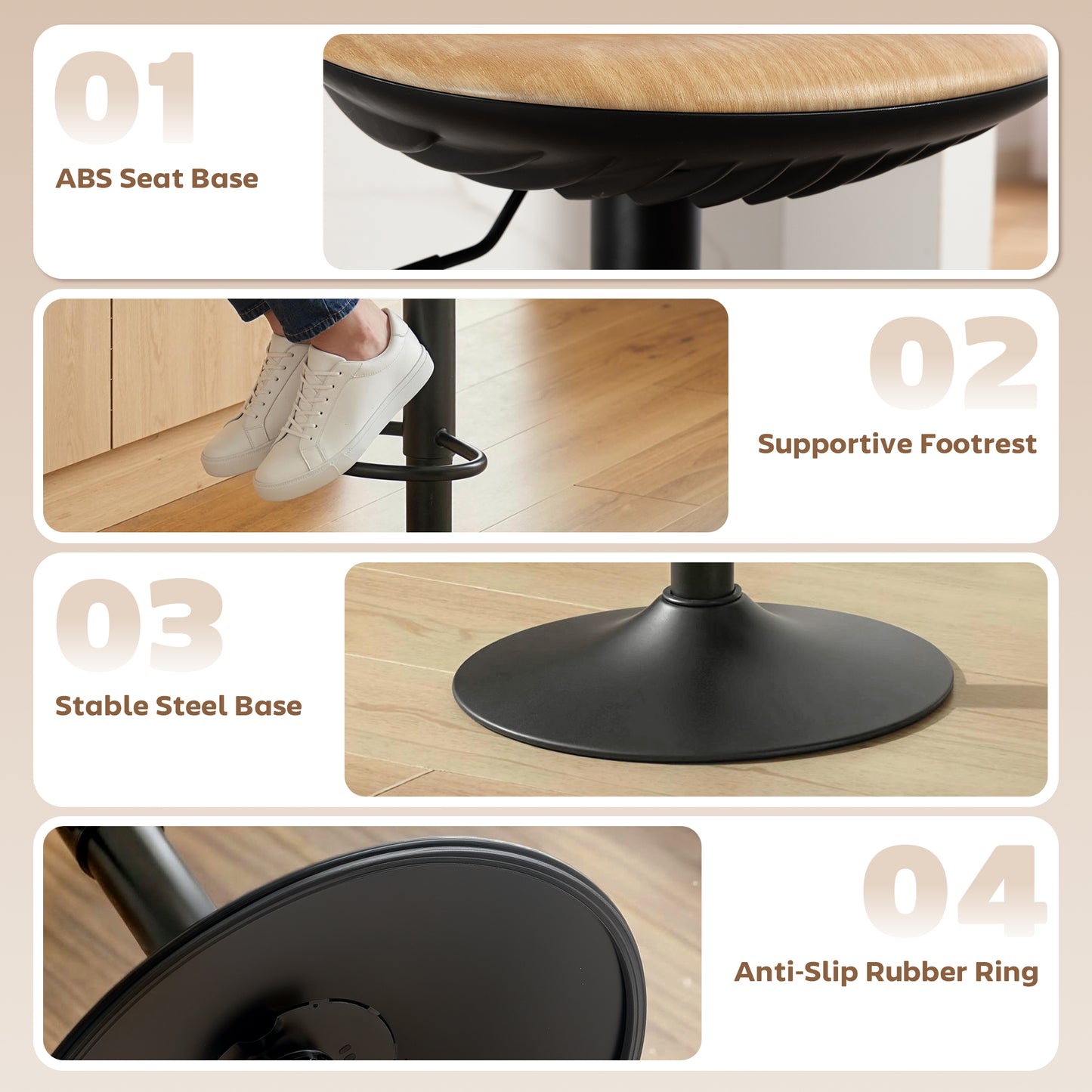 HOMCOM Set of 2 Barstools PU Leather Kitchen Stools with Saddle Seat Height Adjustable Swivel Kitchen Chairs with Footrest Oak