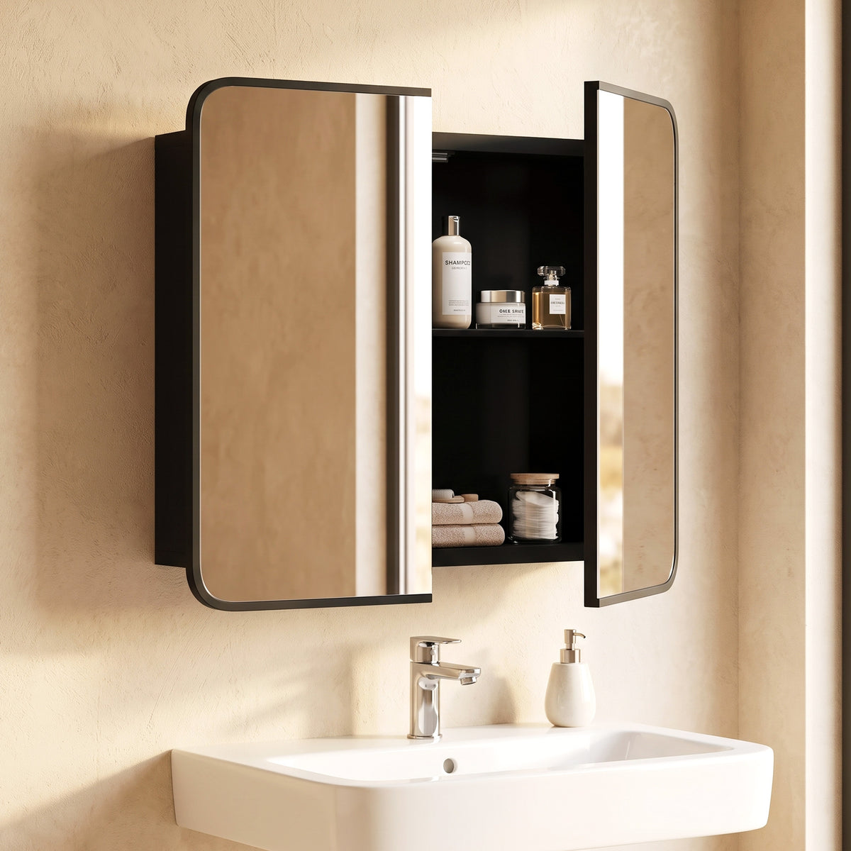 HOMCOM Bathroom Medicine Mirror Cabinet, Bathroom Wall Cabinet with Storage, Magnetic Doors and Adjustable Shelf, Black