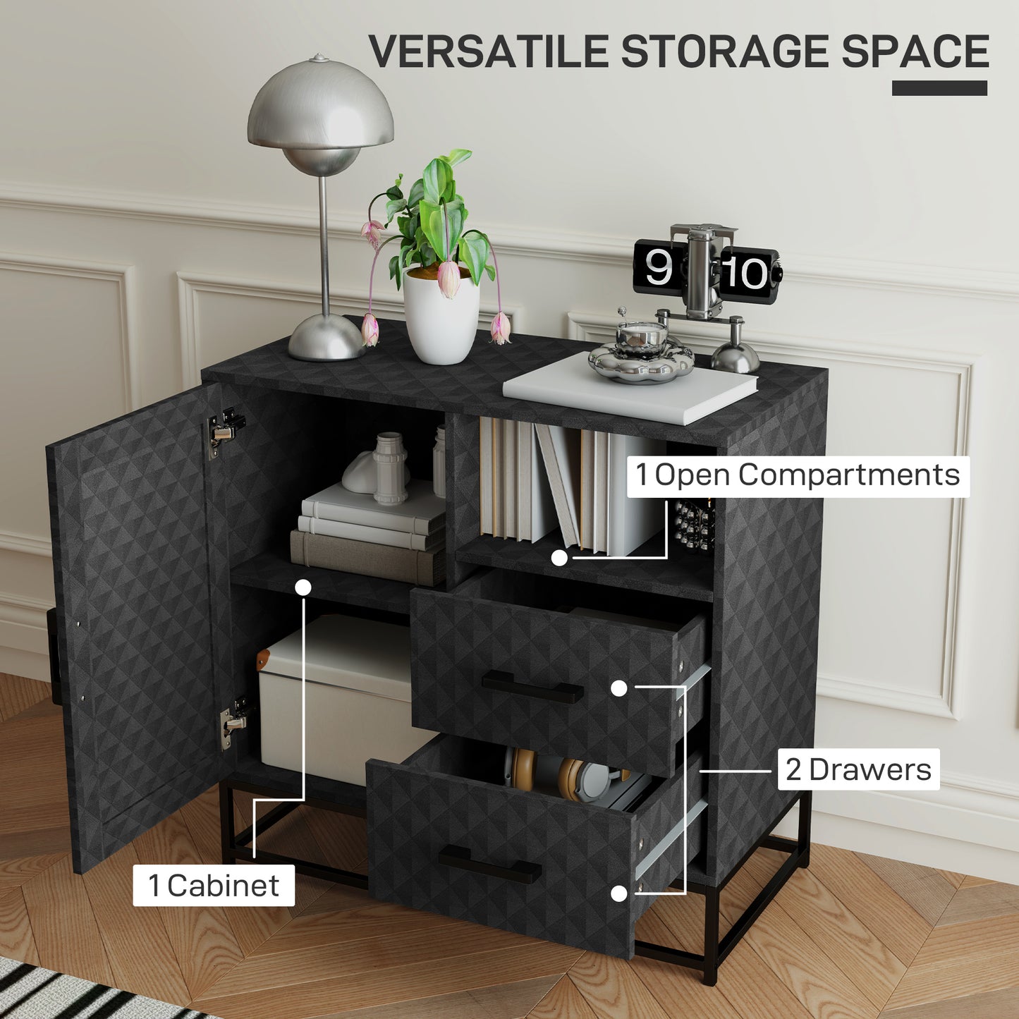 HOMCOM Sideboard with Adjustable Shelf, Freestanding Sideboard Storage Cabinet with Open Compartment and 2 Drawers, Black