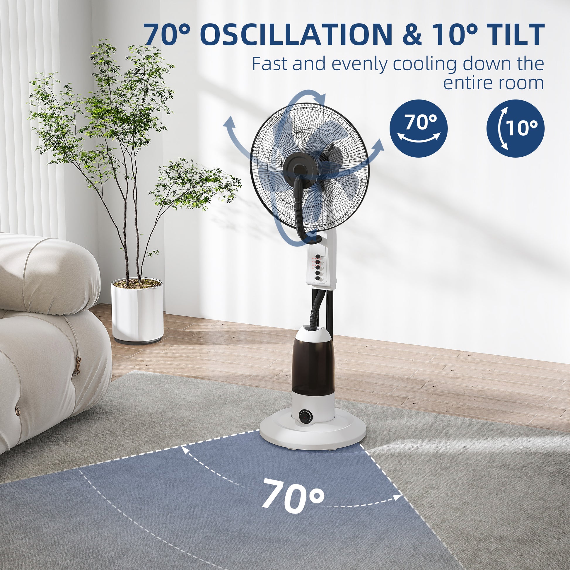 HOMCOM Spray Misting Fan, Floor Fan with Water Mist Spray, 70Â° Oscillation, Tilt Head, 3 Speeds, 2.8L Water Tank, White