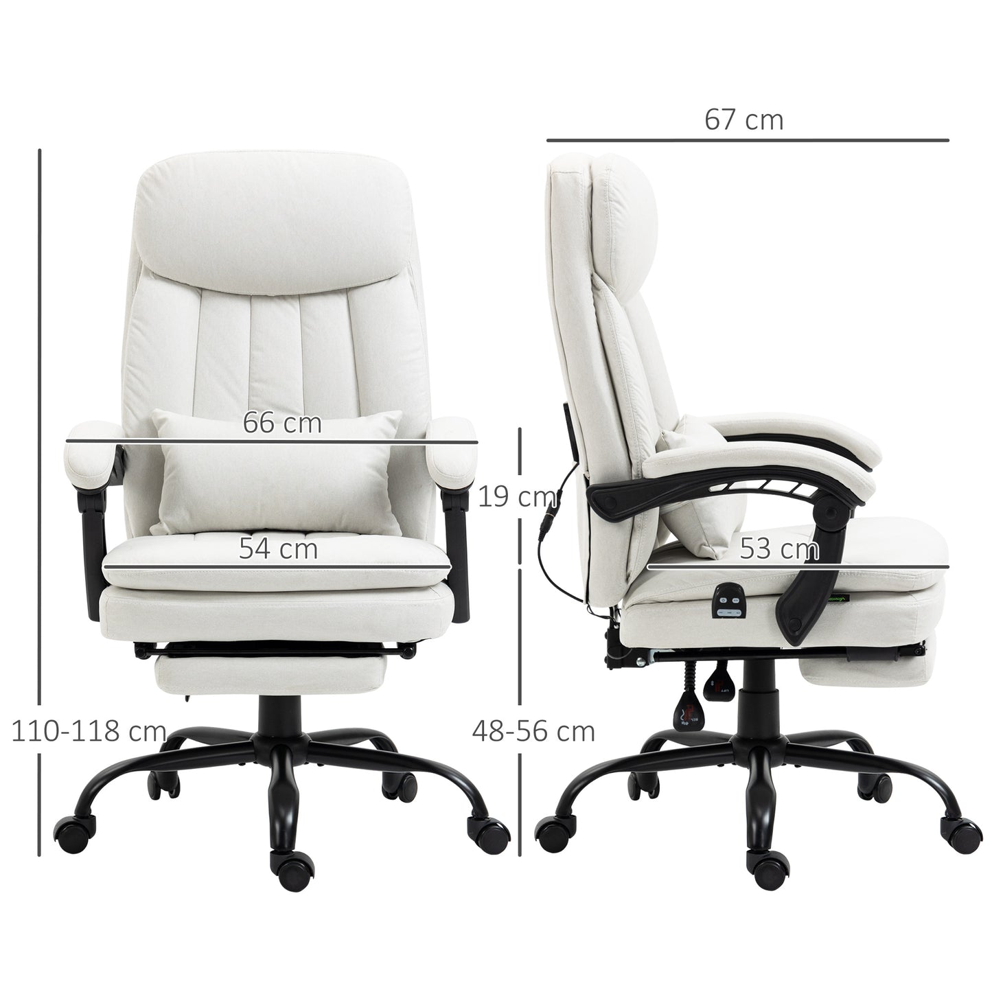 Vinsetto Office Chair, Ergonomic Desk Chair with 6-Point Vibration Massage and Lumbar Heating, Computer Chair with Lumbar Support Pillow, 155Â° Reclining Back and Footrest, Cream White