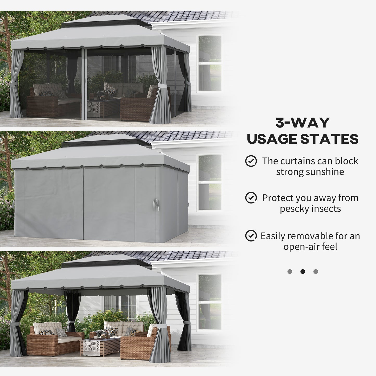 Outsunny 3 x 4m Aluminium GardenÂ Gazebo, Marquee Canopy Shelter Pavilion Party Tent with Nets and Curtains for Garden and Deck, Light Grey