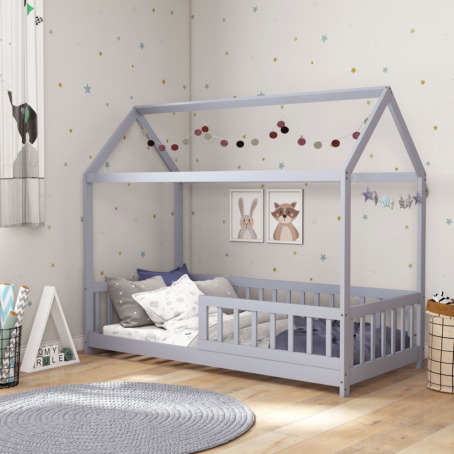 HOMCOM House-Shaped Kids Bed Frame with Guard Rails, Solid Pine Wood Single Bed Frame for Kids Boys and Girls, Grey