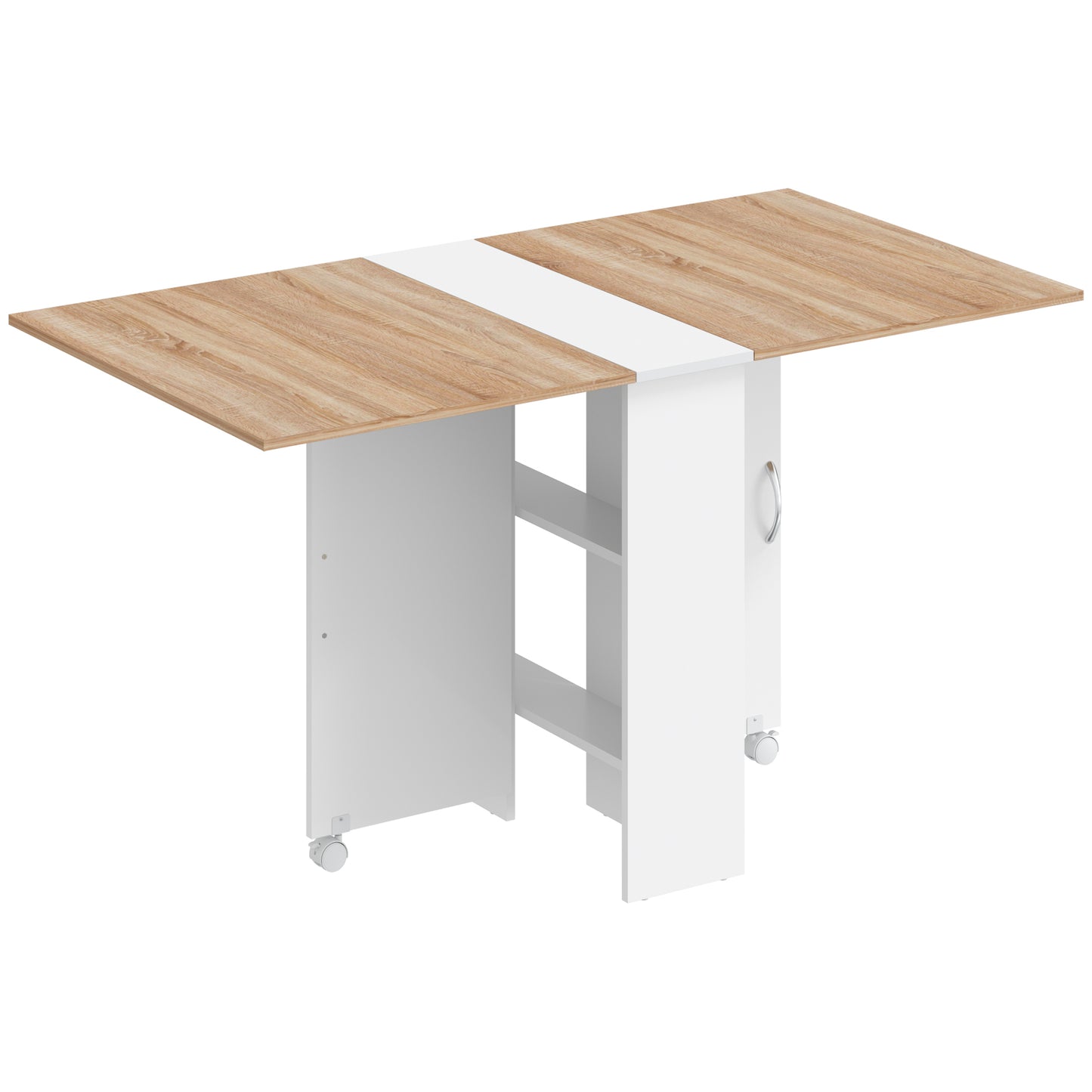 HOMCOM Folding Dining Table, Drop Leaf Table with 2-Tier Shelves, Rolling Casters, White and Natural