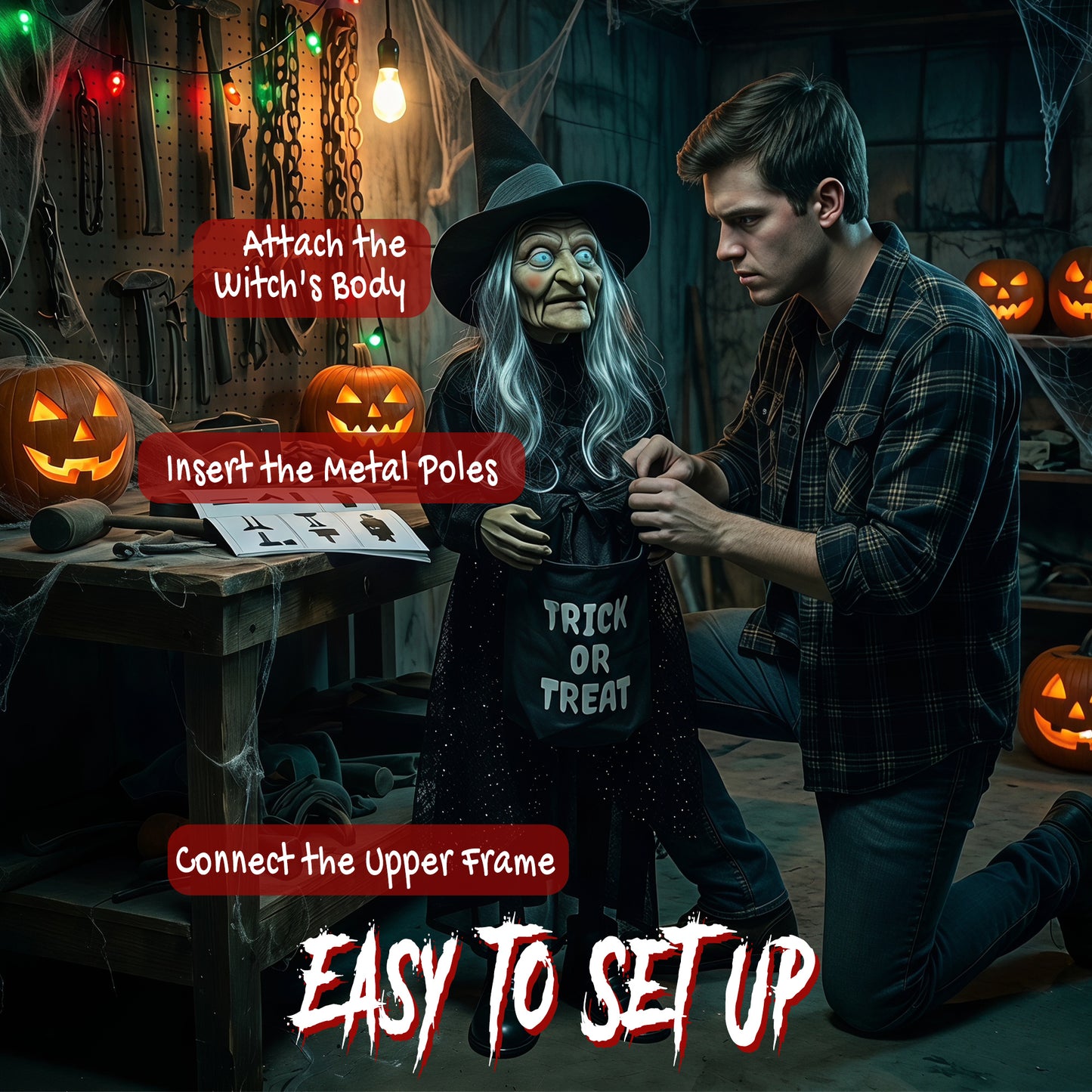 HOMCOM 94cm Animated Witch Halloween Decoration, Scary Halloween Animatronics Decor with Sound Touch Activated & Light Up Eyes