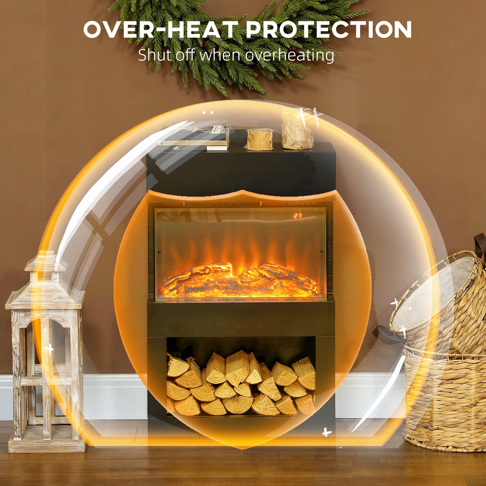HOMCOM 19" Electric Fireplace with Surround, 3D Flame Effect, 6 Colours & 3 Brightness Levels, 1000W/2000W Black Electric Fire and Mantel Reach up to 30ãŽ¡ Space with Remote & Timer, 3 Sided View