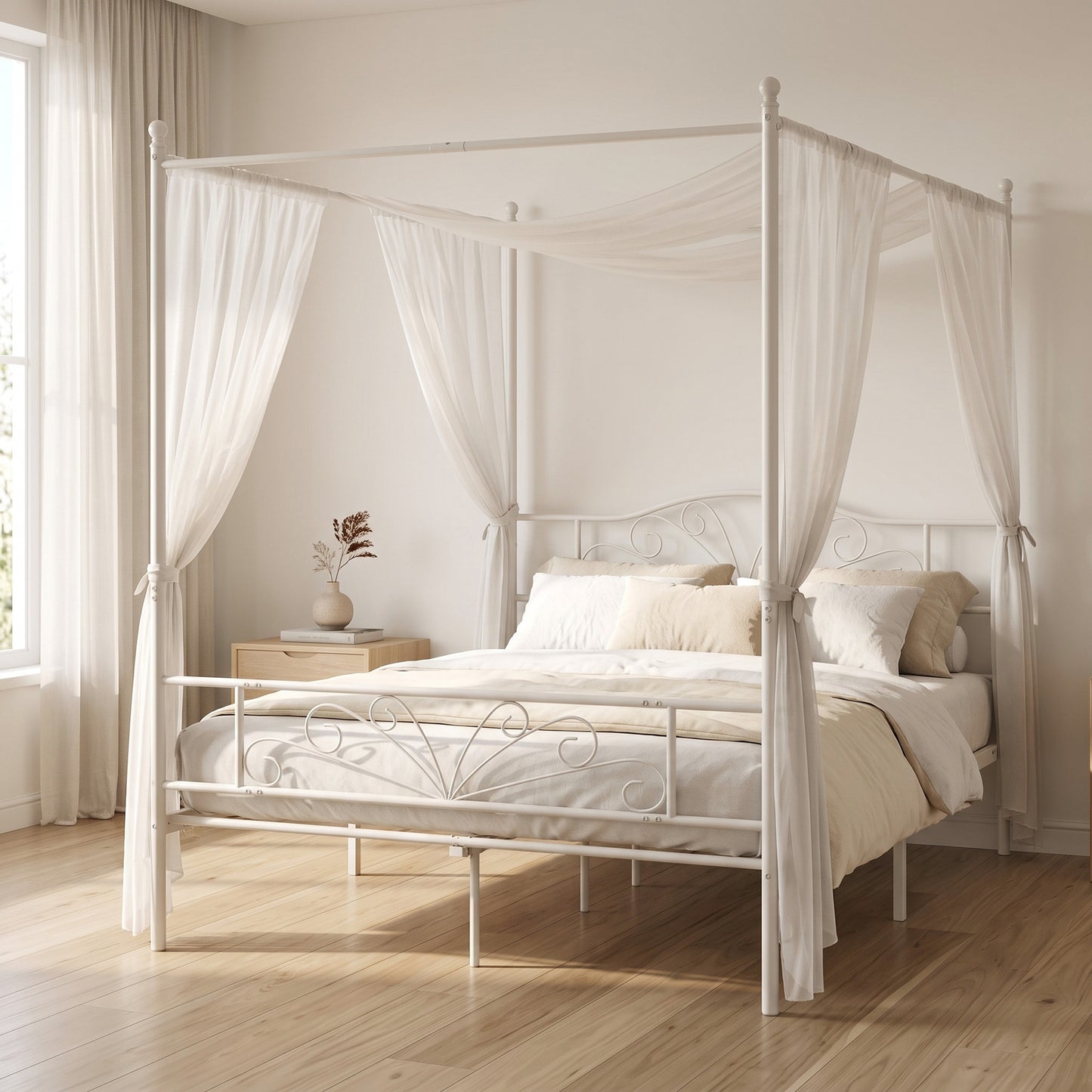 HOMCOM Canopy Bed Frame King Size, Metal Platform Bed Frame with Headboard and Footboard, Underbed Storage, White