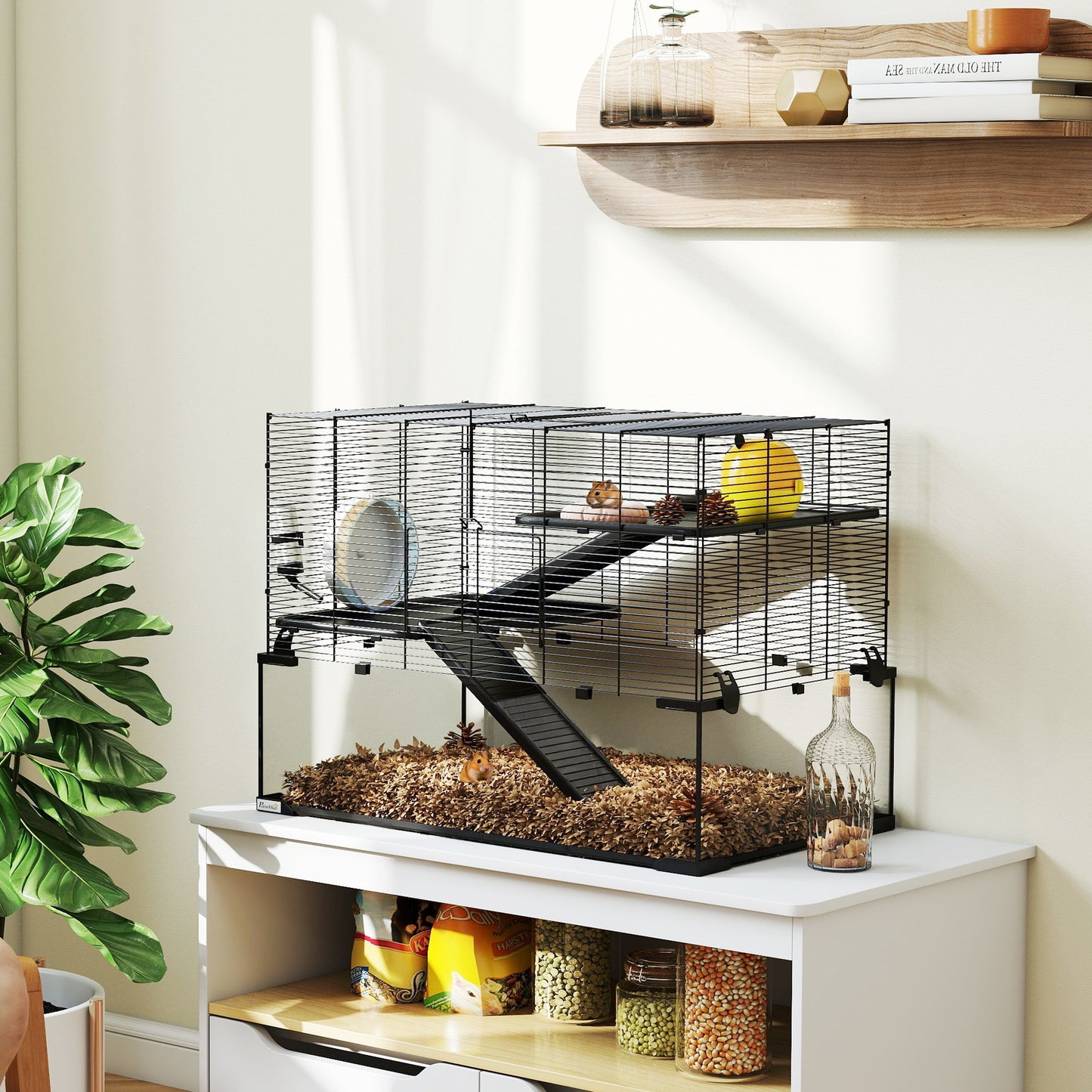 PawHut 3 Tiers Hamster Cage, Gerbil Cage with Deep Glass Bottom, Non-Slip Ramps, Platforms, Hut, Exercise Wheels, Water Bottle, Dish, for Syrian Hamster, Dwarf Hamster, 78.5 x 48.5 x 54.5cm