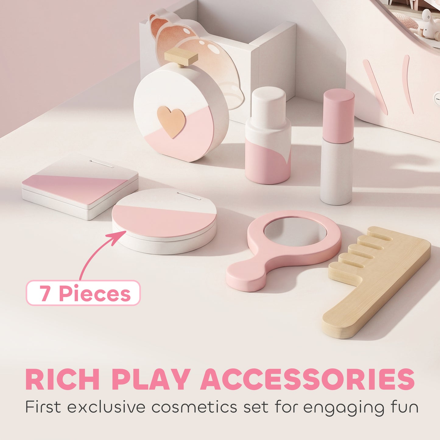 AIYAPLAY Kids Vanity Set, Kids Dressing Table with Chair, Acrylic Mirror, Lighted Bulbs, 7-Piece Accessories, for 3-8 Years, Pink
