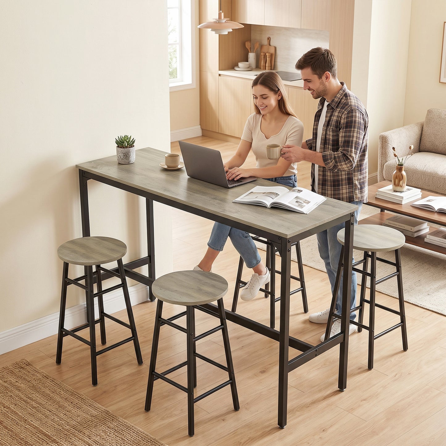 HOMCOM 5 Piece Bar Table Set with 4 Stools, Industrial Bar Table and Stool Set, Dining Table and Chair Set, Grey