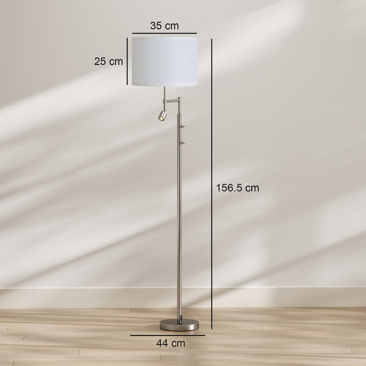 HOMCOM Modern Floor Lamp with Built-In Reading Light, Standing Lamp with Independent Switch, Satin Nickel